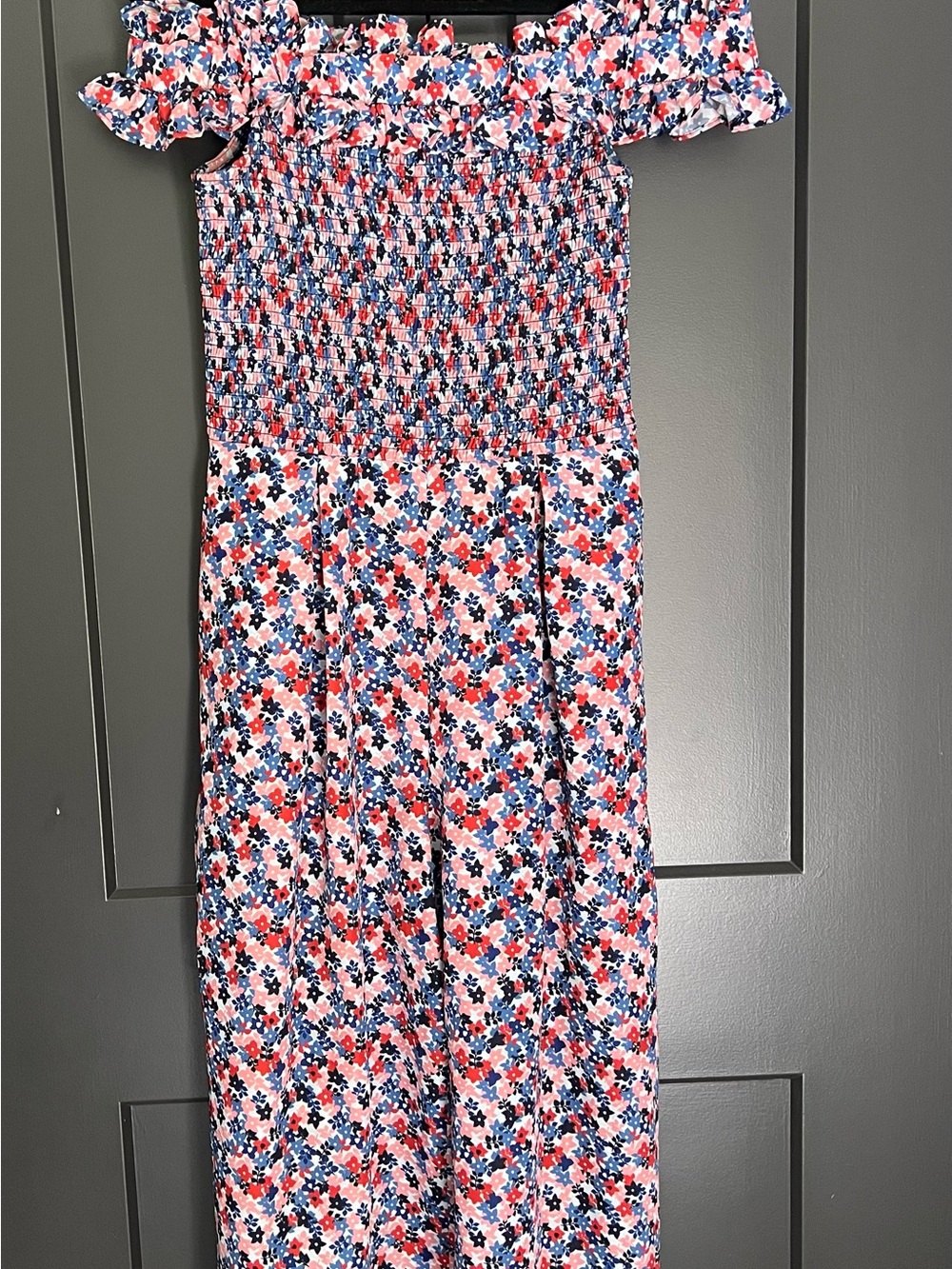 1901 Pink Floral Smocked Jumpsuit with Blue and Red Accents